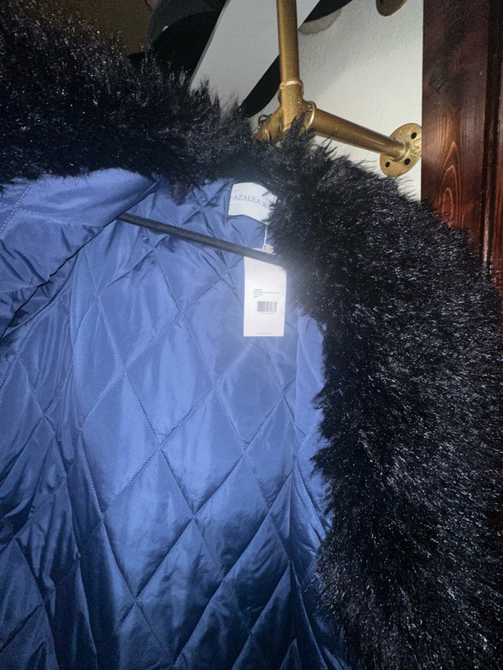 Navy Floral Jacquard Trench Coat with Black Faux Fur Trim - Picture 8 of 9